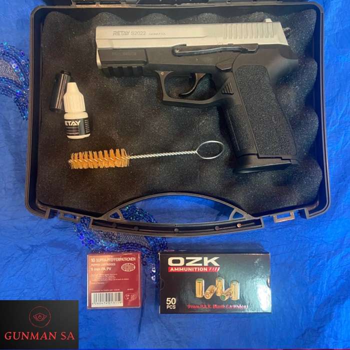 Retay S2022 Mat Chrome Blank/Pepper Gun (Semi Auto|14+1|9mm PAK)