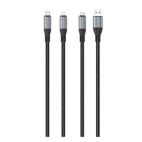 Ezra 3-in-1 Black Braided 2.4A 1-Meter Data Cable | USB-C, Lightning, Micro-USB
