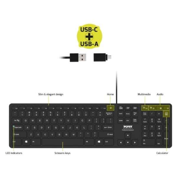 Port Connect Office Executive Low Profile 109key Wired Keyboard  Black
