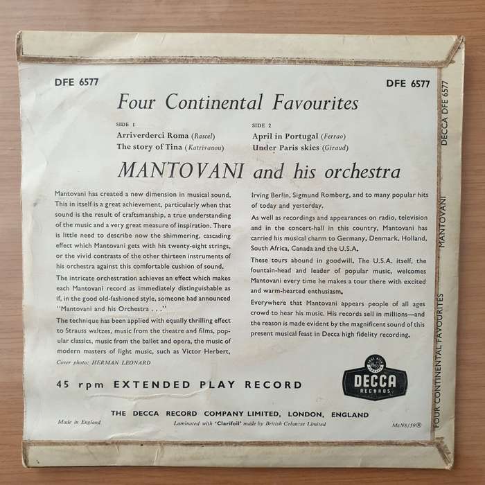 Mantovani And His Orchestra  Four Continental Favourites - Vinyl 7" Record - Very-Good Quality...