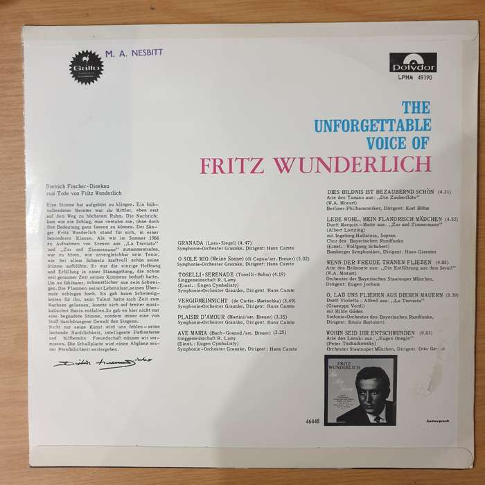 Fritz Wunderlich - The Unforgettable Voice of - Vinyl LP Record - Very-Good+ Quality (VG+) (veryg...