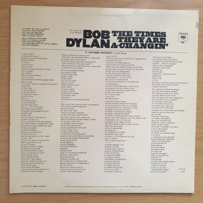Bob Dylan  The Times They Are A-Changin' (US) with Lyrics sheet - Vinyl Record - Opened  - ...
