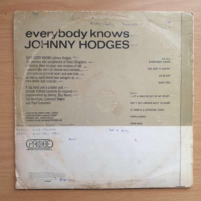 Johnny Hodges  Everybody Knows Johnny Hodges - Vinyl LP Record - Very-Good- Quality (VG-) (minus)