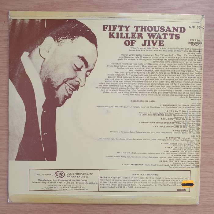 Fats Waller  50,000 Killer-Watts Of Jive - Vinyl LP Record - Very-Good+ Quality (VG+) (verygoo...