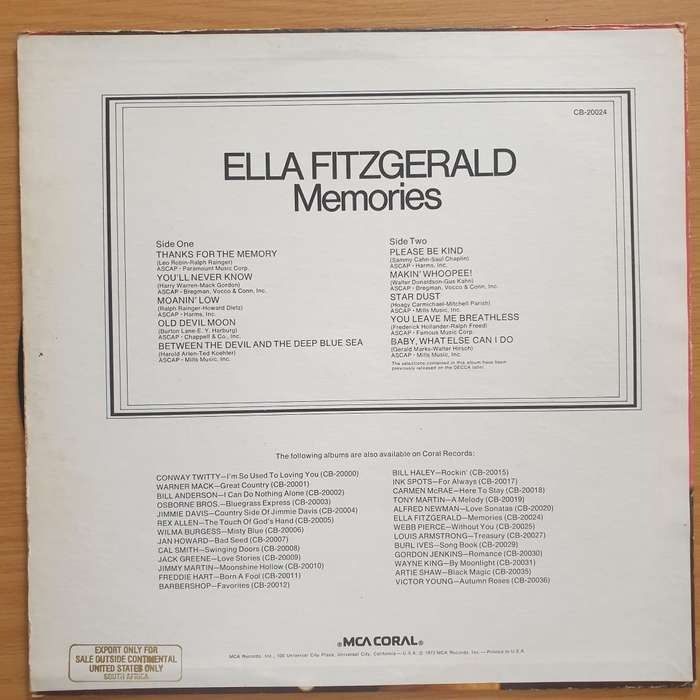 Ella Fitzgerald  Memories  Vinyl LP Record - Very-Good+ Quality (VG+) (verygoodplus)