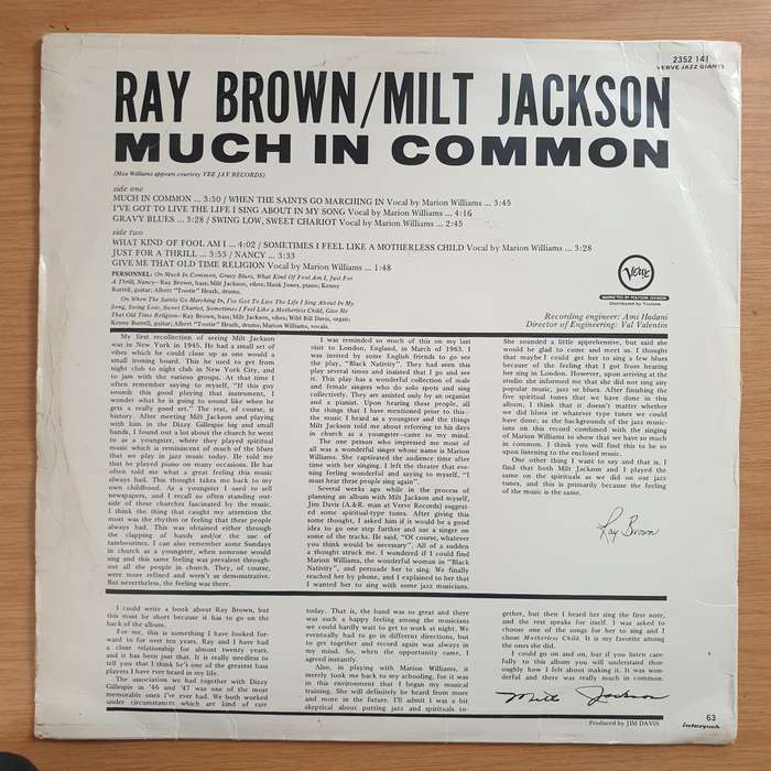 Ray Brown / Milt Jackson  Much In Common  Vinyl LP Record - Very-Good Quality (VG) (verry)