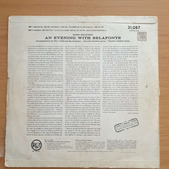 Harry Belafonte  An Evening With Belafonte  - Vinyl LP Record  - Good Quality (G) (goood)