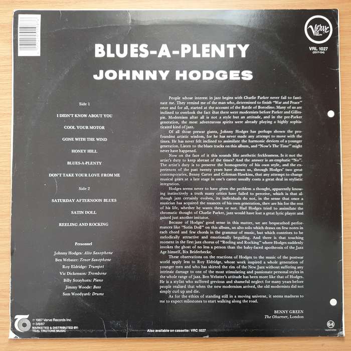 Johnny Hodges  Blues-A-Plenty - Vinyl LP Record - Very-Good- Quality (VG-) (minus)