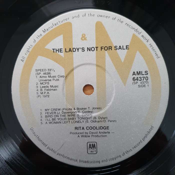 Rita Coolidge  The Lady's Not For Sale - Vinyl LP Record - Very-Good+ Quality (VG+) (verygoodp...
