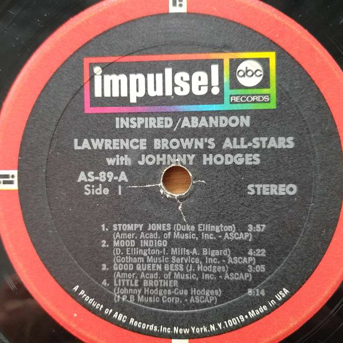 Lawrence Brown's All-Stars With Johnny Hodges  Inspired Abandon (AS89) - Vinyl LP Record - Goo...