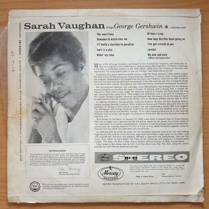 Sarah Vaughan  Sarah Vaughan Sings George Gershwin - Vinyl LP Record - Good+ Quality (G+) (gplus)