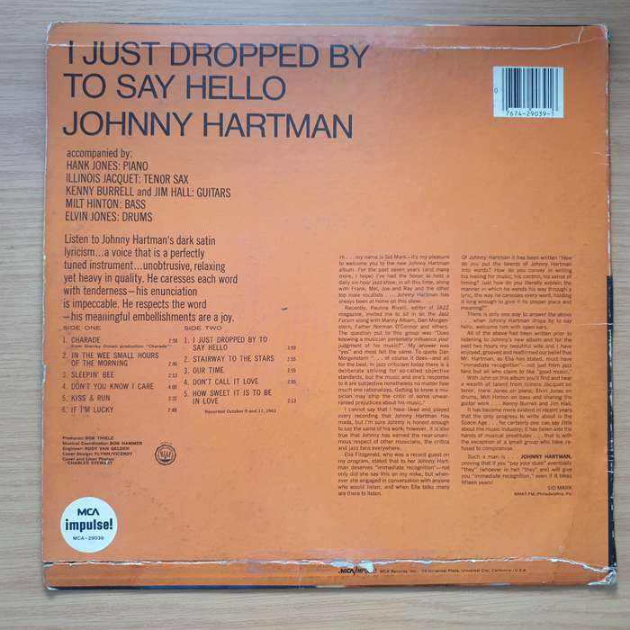 Johnny Hartman  I Just Dropped By To Say Hello  - Vinyl LP Record - Very-Good- Quality (VG-) (...