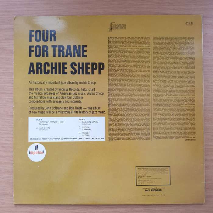 Archie Shepp  Four For Trane - Vinyl LP Record - Very-Good+ Quality (VG+) (verygoodplus)