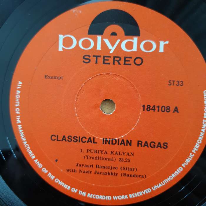 Jayasri Banerjee  Classical Indian Ragas - Vinyl LP Record - Very-Good Quality (VG)  (verry)