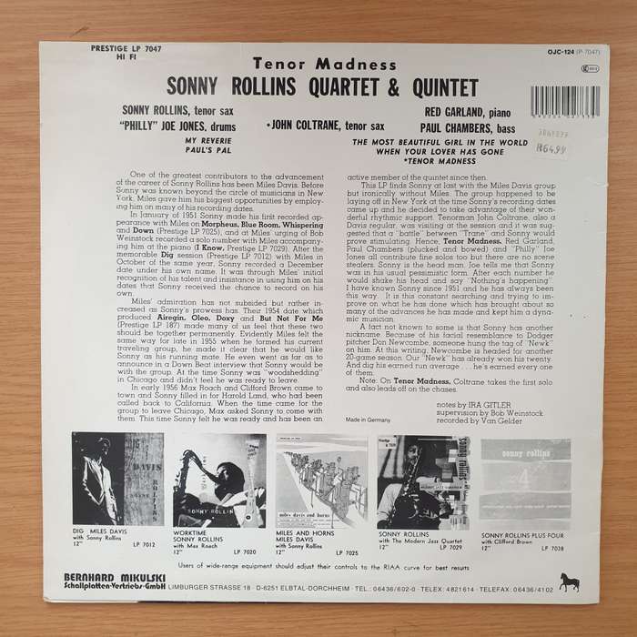 Sonny Rollins Quartet  Tenor Madness -  Vinyl LP Record - Very-Good+ Quality (VG+)