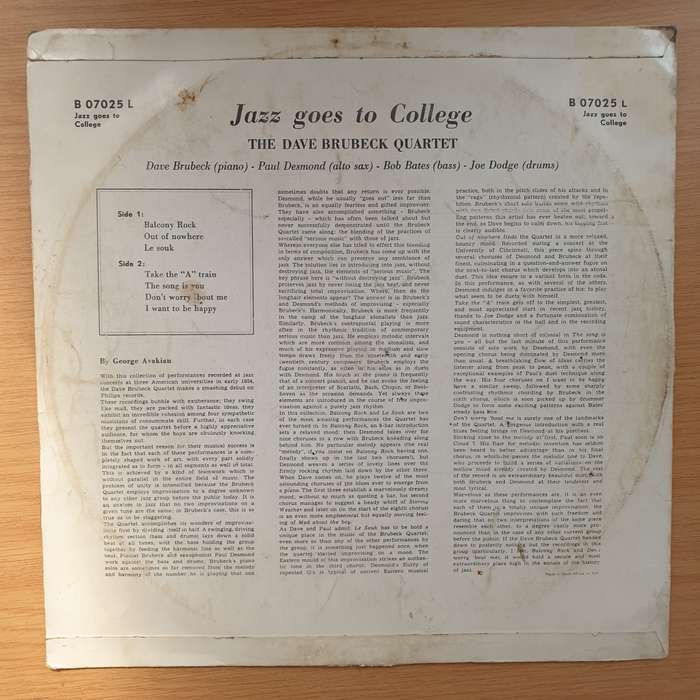 The Dave Brubeck Quartet  Jazz Goes To College - Vinyl LP Record - Good+ Quality (G+) (gplus)