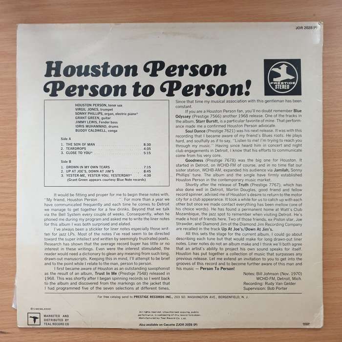 Houston Person  Person To Person!  - Vinyl LP Record - Very-Good+ Quality (VG+) (verygoodplus)