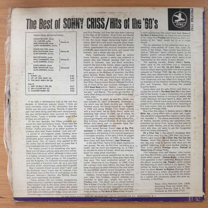 Sonny Criss  The Best Of Sonny Criss/Hits Of The '60's - Vinyl LP Record - Very-Good Quality (...