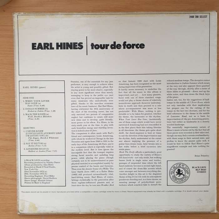 Earl Hines  Tour De Force (England Pressing) - Vinyl LP Record - Very-Good+ Quality (VG+) (ver...