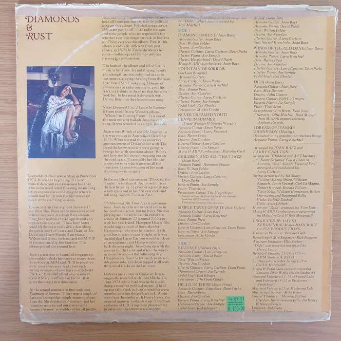 Joan Baez  Diamonds & Rust -  Vinyl LP Record - Very-Good+ Quality (VG+)