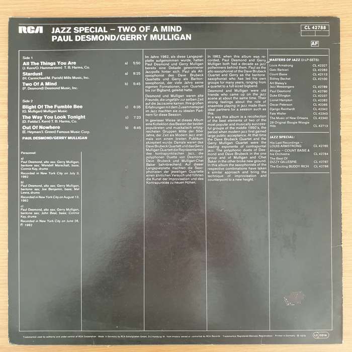 Paul Desmond / Gerry Mulligan  Two Of A Mind (Germany) - Vinyl LP Record - Very-Good Quality (...