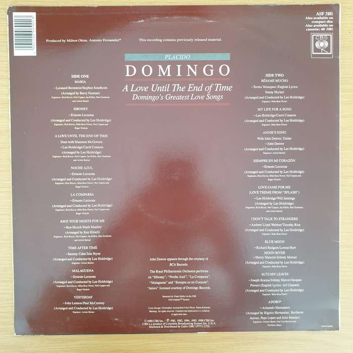 Placido Domingo With Maureen McGovern  A Love Until The End Of Time - Vinyl LP Record - Very-G...
