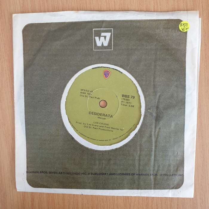 Les Crane  Desiderata - Vinyl 7 Record  (VG+) (Aryeh)