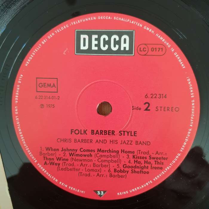 Chris Barber And His Jazz Band  Folk Barber Style  Vinyl LP Record - Very-Good+ Quality (VG...