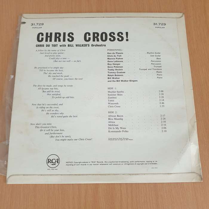 Chris Cross - Chris Du Toit with Bill Walker's Orchestra   Vinyl LP Record - Very-Good+ Qualit...