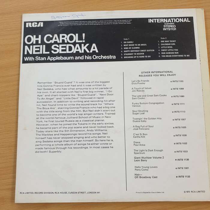Neil Sedaka  Oh Carol - Vinyl LP Record - Very-Good+ Quality (VG+) (verygoodplus)