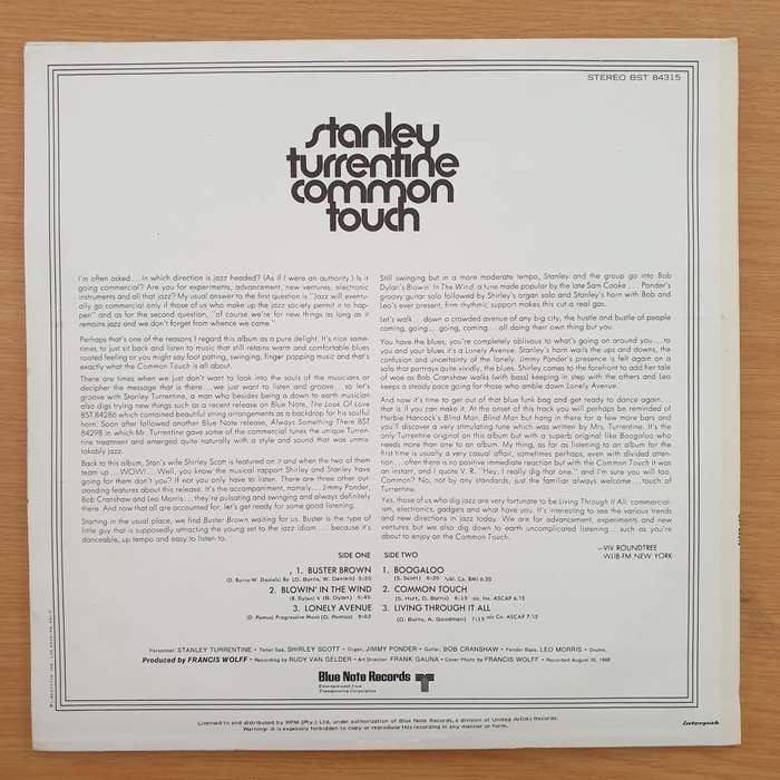 Stanley Turrentine Featuring Shirley Scott  Common Touch   Vinyl LP Record (VG+)