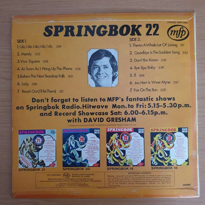 Springbok Hit Parade Vol 22 - Vinyl LP Record  (VG+)