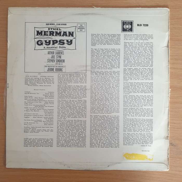 Ethel Merman  Gypsy - A Musical Fable - Original Broadway Cast   Vinyl LP Record (VG+)