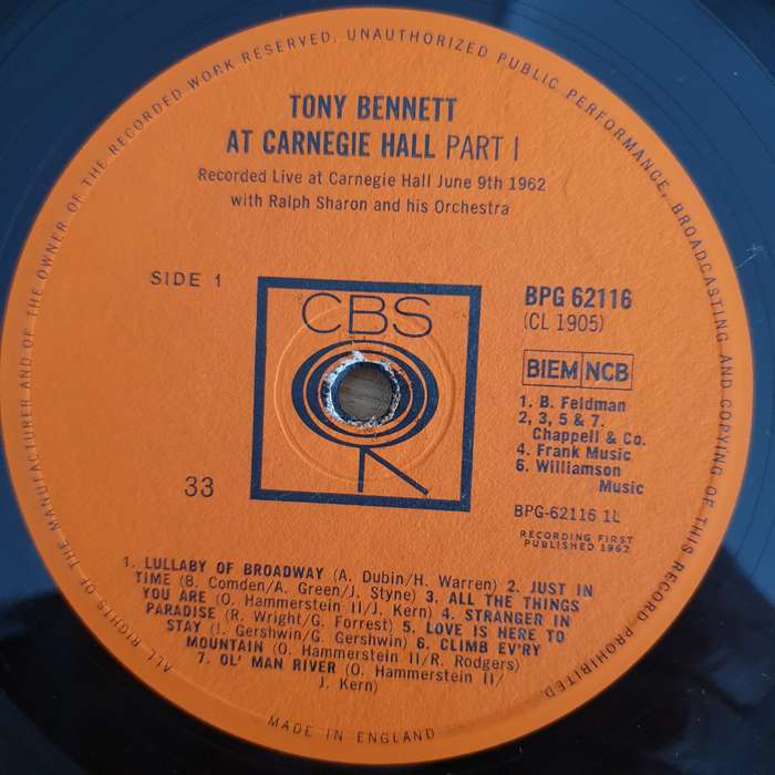 Tony Bennett  Tony Bennett At Carnegie Hall Part I (England) -  Vinyl LP Record (VG+)