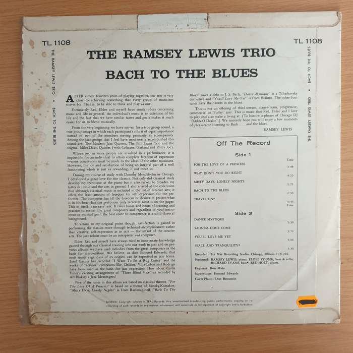 The Ramsey Lewis Trio  Bach To The Blues - Vinyl LP Record  (VG-)