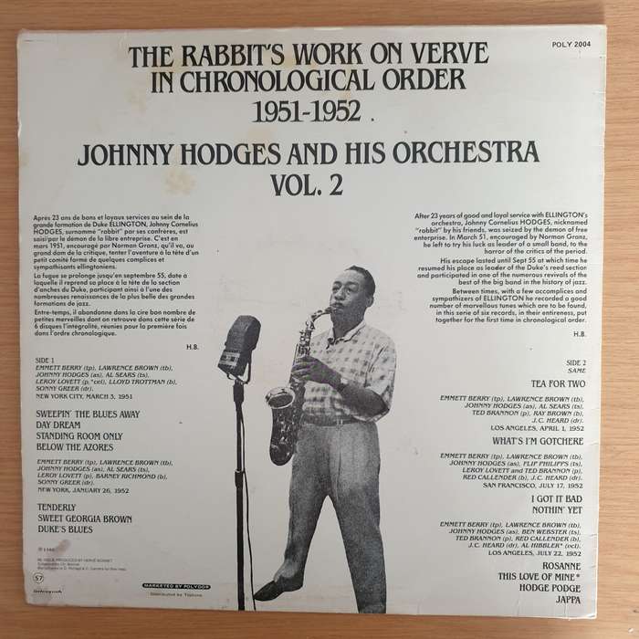 Johnny Hodges And His Orchestra  The Rabbit's Work On Verve - Vol. 2 - Vinyl LP Record (VG+)