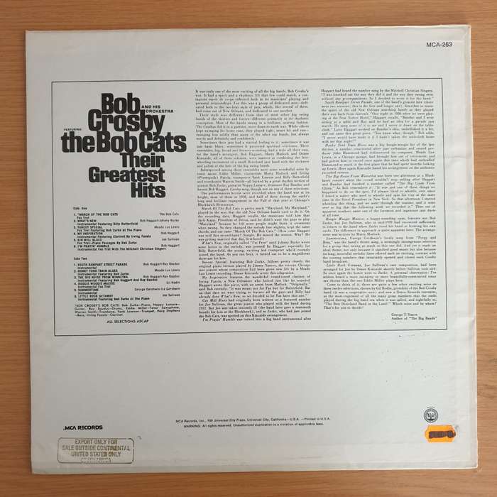 Bob Crosby And His Orchestra Featuring The Bob Cats  Their Greatest Hits  Vinyl LP Record  ...