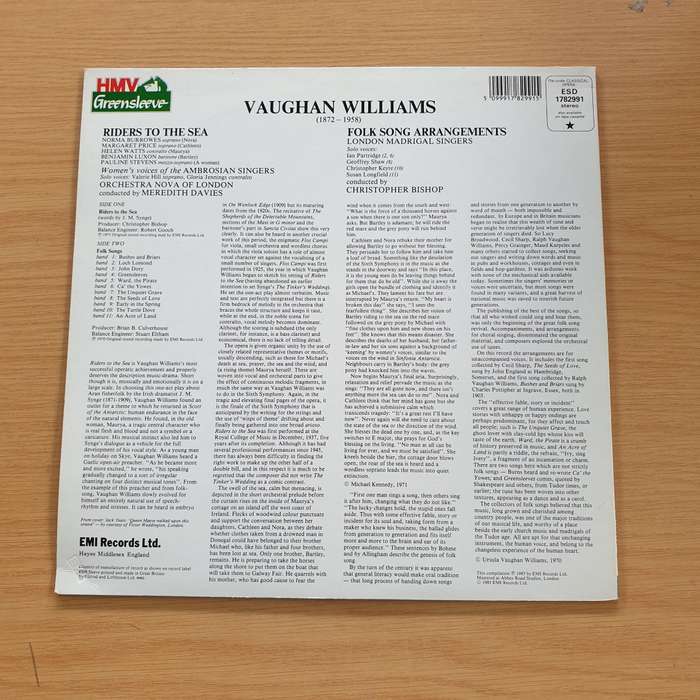 Vaughan Williams - Riders To The Sea / Folk Song Arrangements   Vinyl LP Record (VG+)