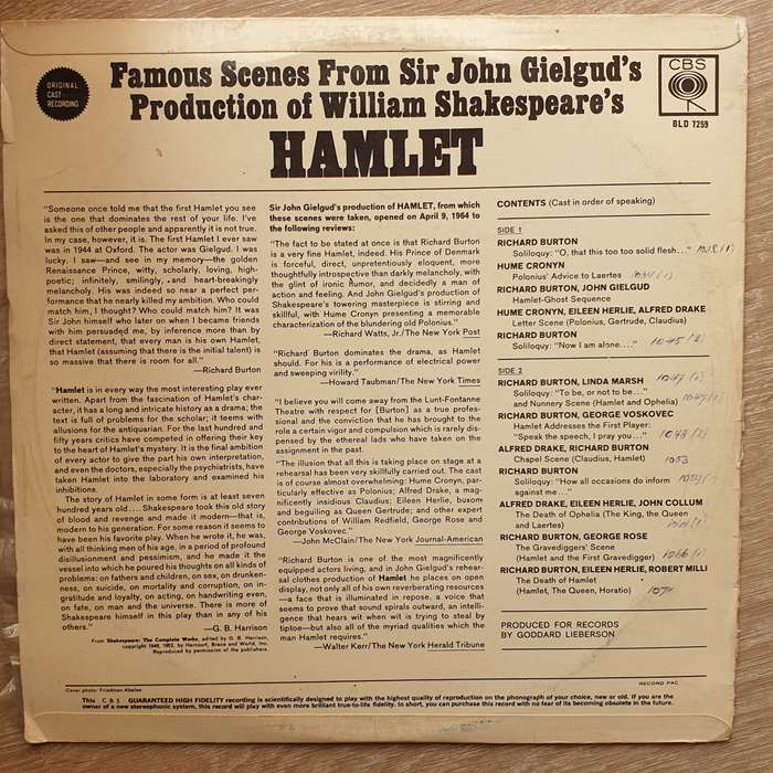 Famous Scenes from Sir John Gielguds - Production of Hamlet with Richard Burton - Vinyl LP Record...