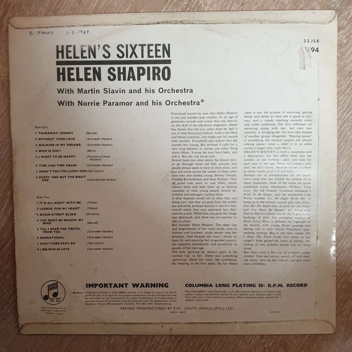 Helen Shapiro - With Martin Slavin And His Orchestra - Helen's Sixteen - Vinyl LP Record - Opened...