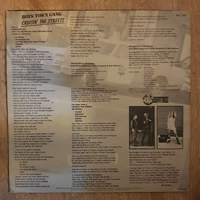 Boys Town Gang - Cruisin' The Streets  - Vinyl LP Record  - Very-Good+ Quality (VG+)