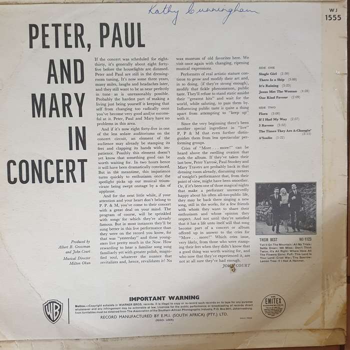 Peter, Paul & Mary - In Concert - Vinyl LP Record - Fair Quality (F)