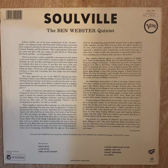 The Ben Webster Quintet  Soulville -  Vinyl LP Record - Very-Good+ Quality (VG+)