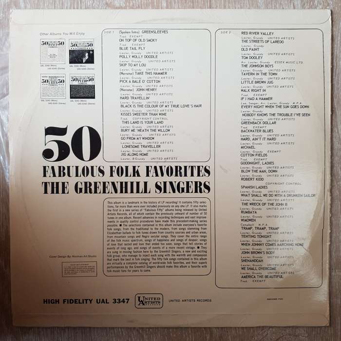 The Greenhill Singers  50 Fabulous Folk Favorites   Vinyl LP Record - Very-Good+ Quality...