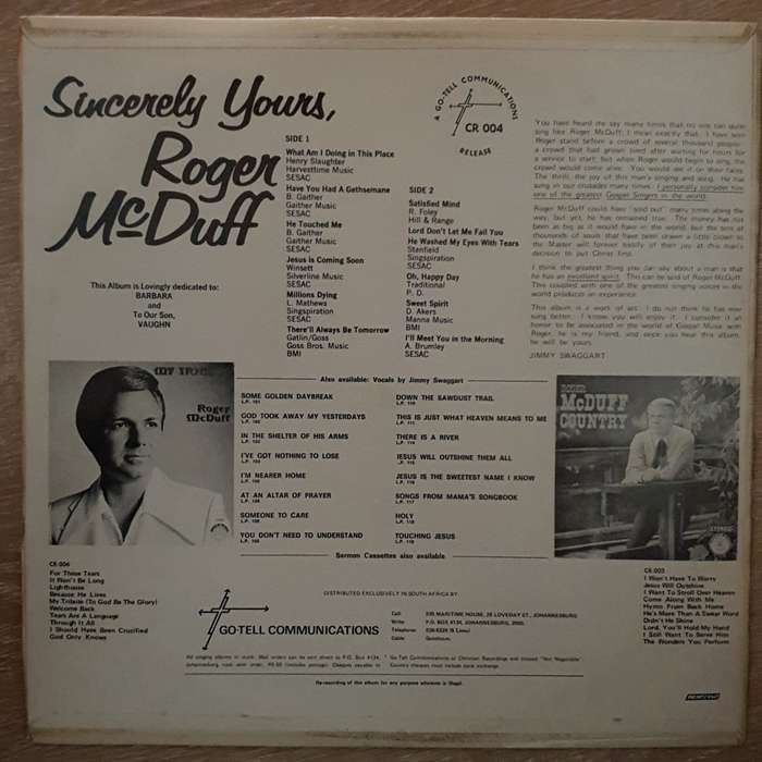 Roger McDuff  Sincerely Yours - Vinyl LP Record - Very-Good+ Quality (VG+)