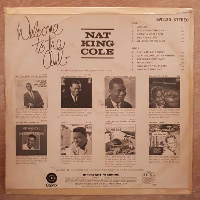 Nat King Cole  Welcome To The Club - Vinyl LP Record - Very-Good+ Quality (VG+)