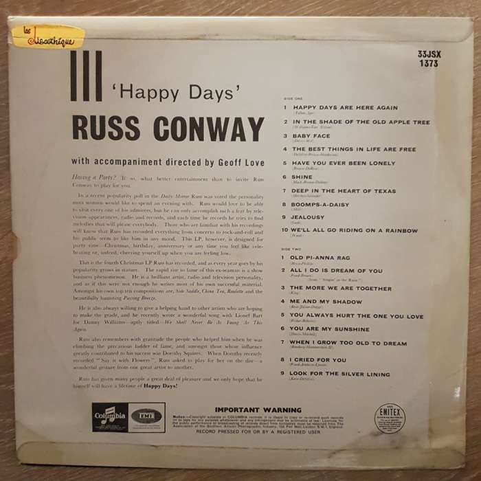 Russ Conway  Happy Days - Vinyl LP Record - Very-Good+ Quality (VG+)