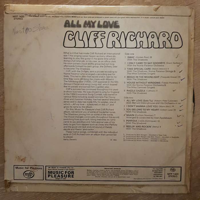 Cliff Richard  All My Love  Vinyl LP Record - Opened  - Good+ Quality (G+)