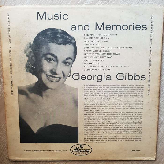 Georgia Gibbs  Music And Memories -  Vinyl LP Record - Very-Good+ Quality (VG+)