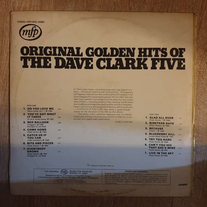 Dave Clark Five - Original Hits Of The Dave Clark Five - Vinyl Record - Very-Good+ Quality (VG+)